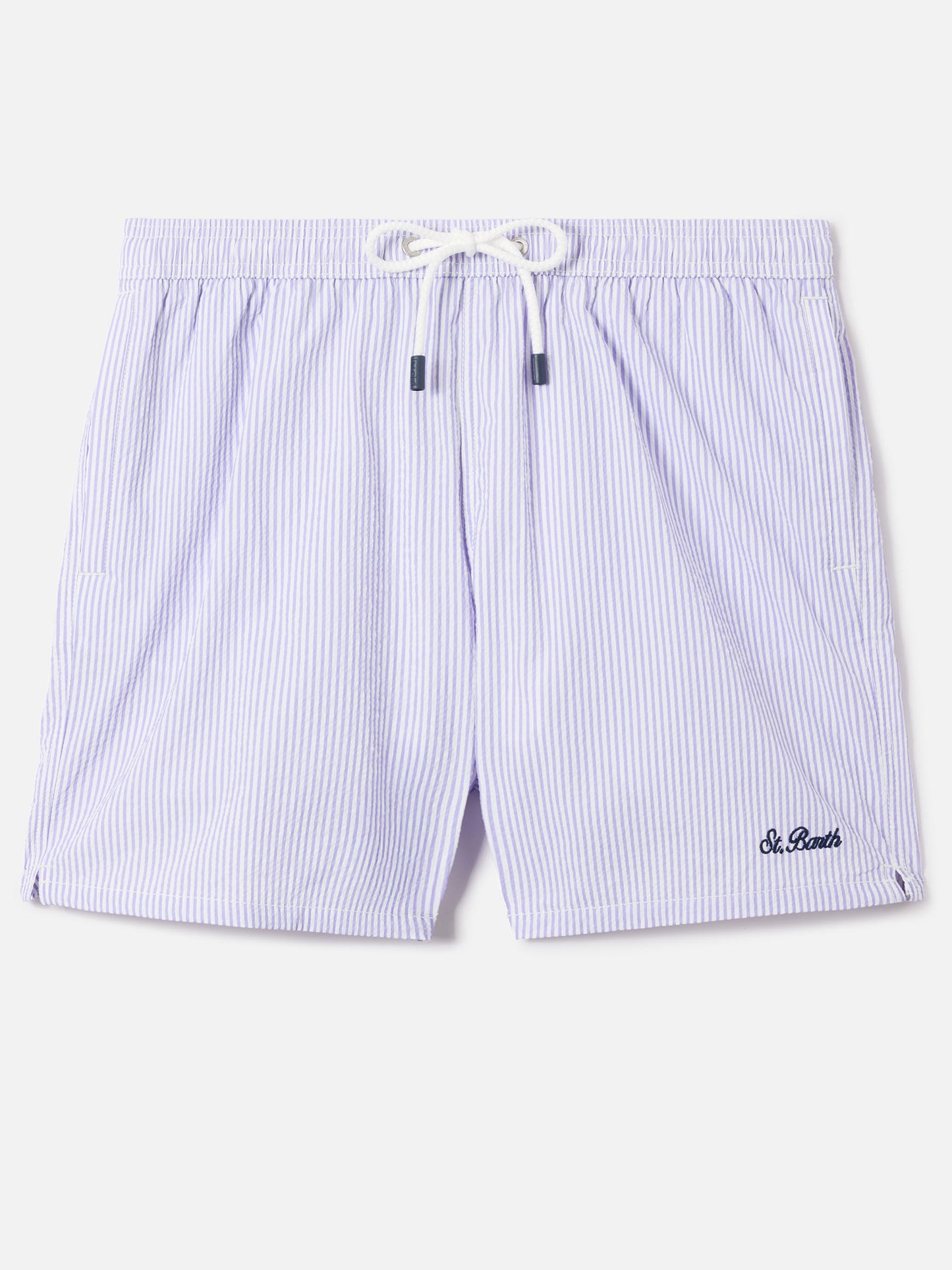 Patmos seersucker striped swim shorts in lilac and white