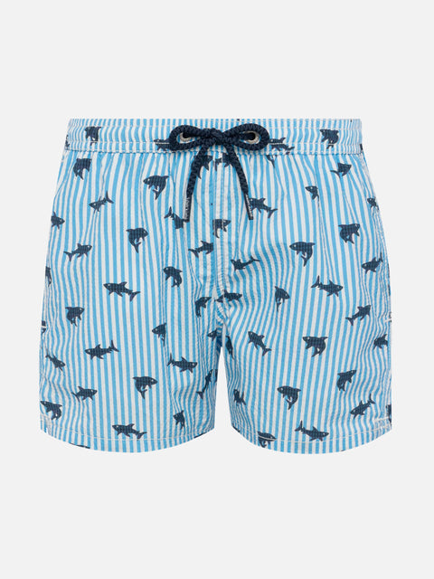 Patmos Jr seersucker striped mid-length swim shorts with shark print - MC2 Saint Barth