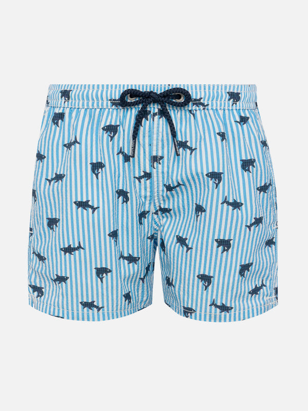 Patmos Jr seersucker striped mid-length swim shorts with shark print