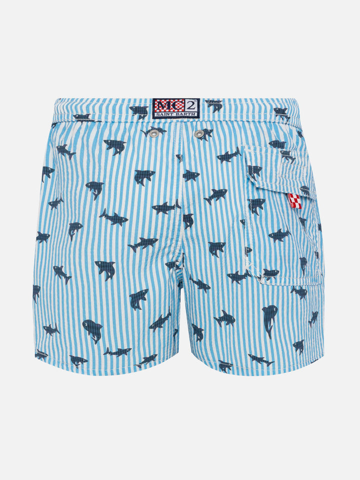 Patmos Jr seersucker striped mid-length swim shorts with shark print - MC2 Saint Barth