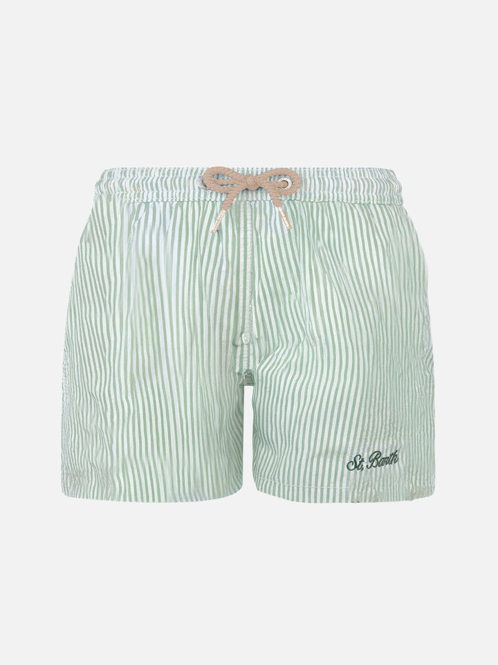 Patmos Jr sage green seersucker striped mid-length swim shorts