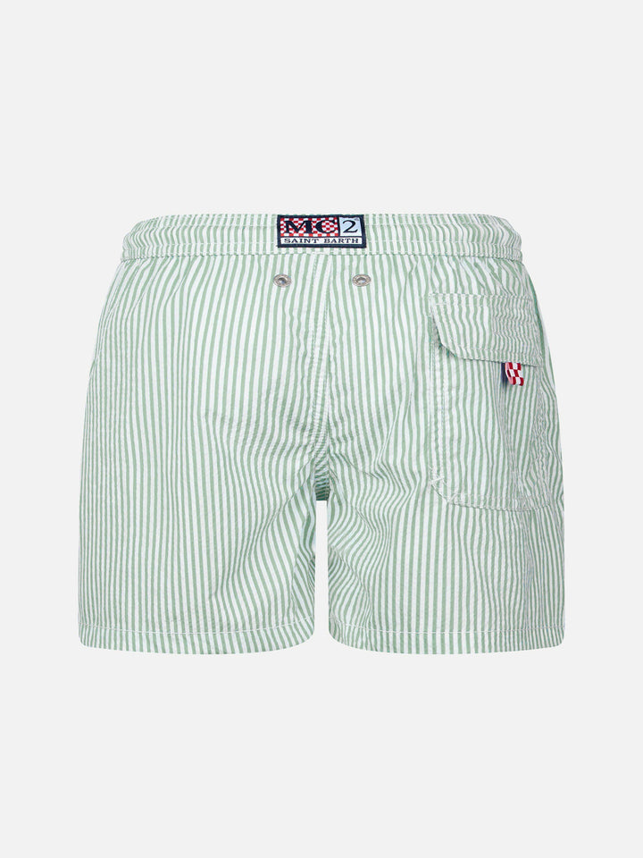 Patmos Jr sage green seersucker striped mid-length swim shorts