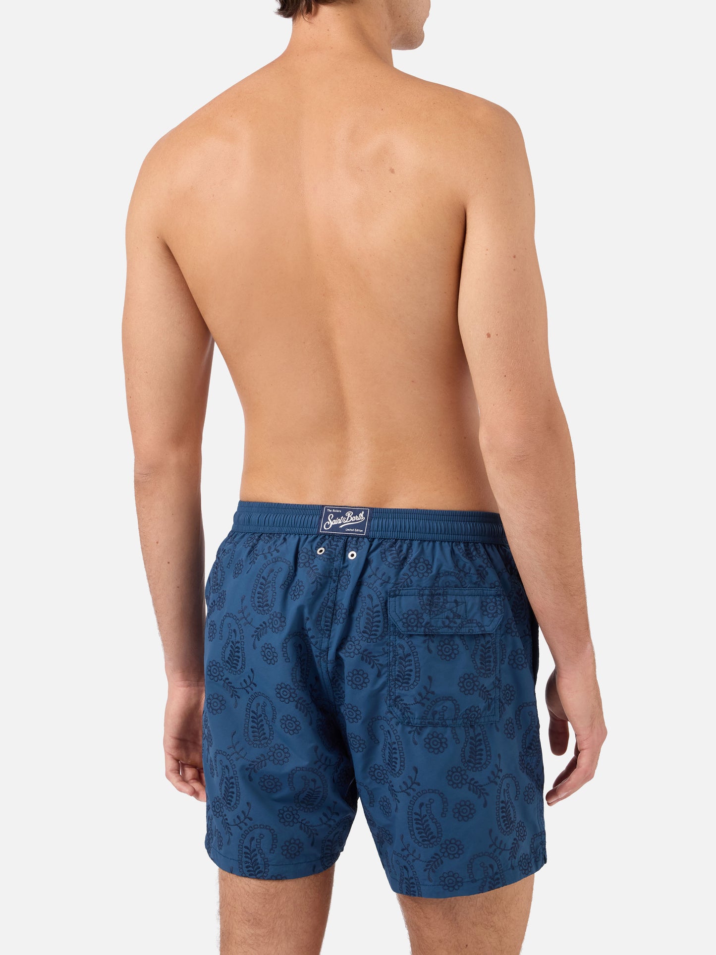 Costume mare Patmos in sangallo blu con ricamo 