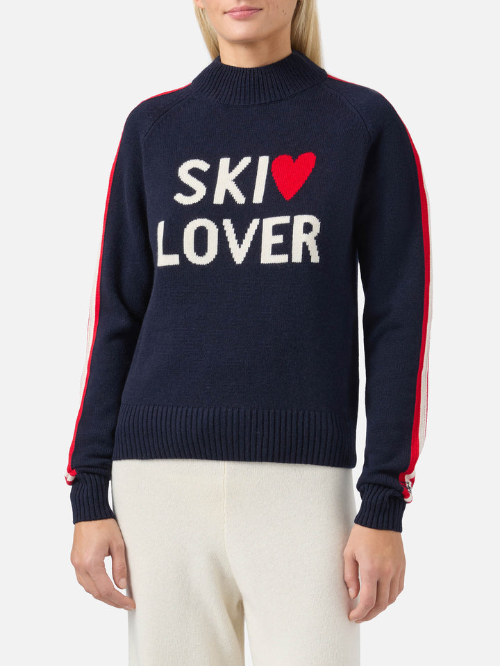 Lupetto Peak in misto cashmere blu con jacquard Ski Lover