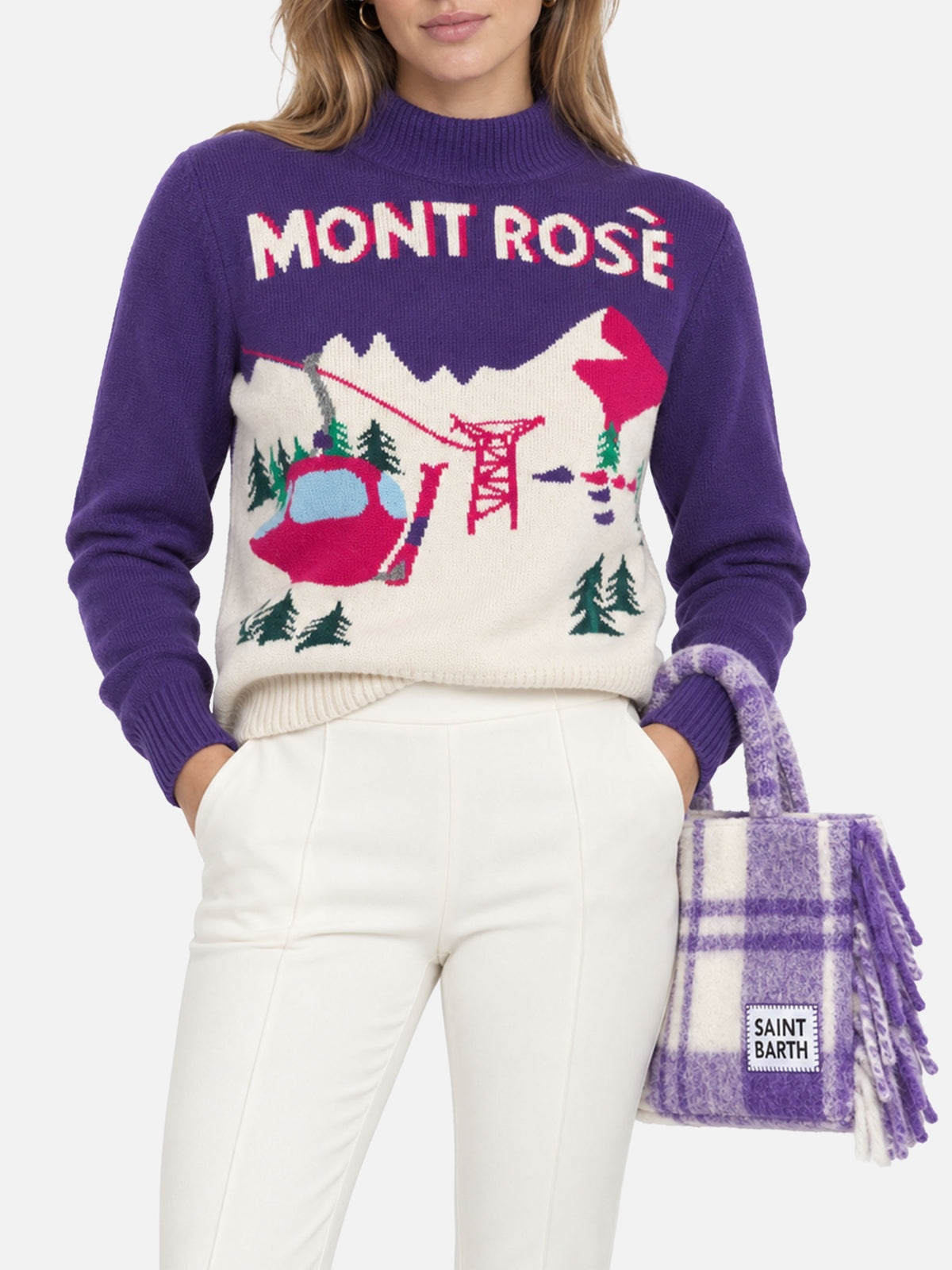 Peak purple sweater with Mont Rosè postcard