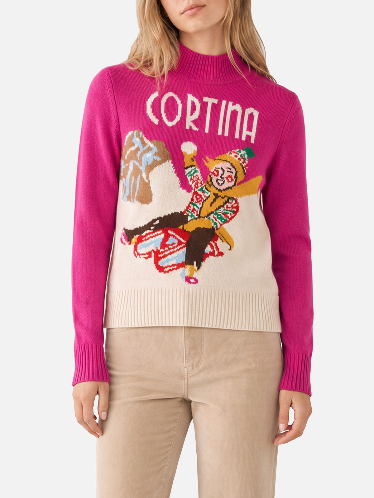 Maglione Peak fucsia con stampa Cortina