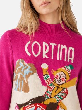 Maglione Peak fucsia con stampa Cortina