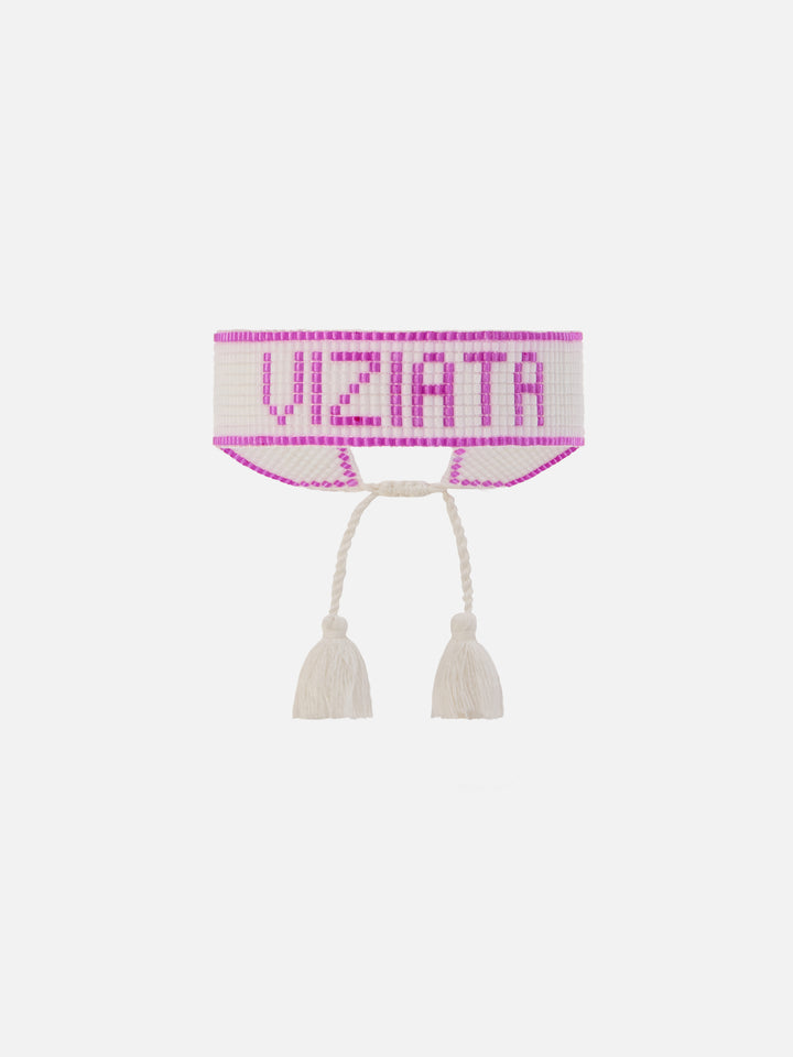 Bracciale in tessuto con lettering Viziata in perline rosa