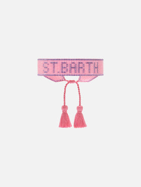Pink and purple fabric bracelet with St. Barth beaded lettering