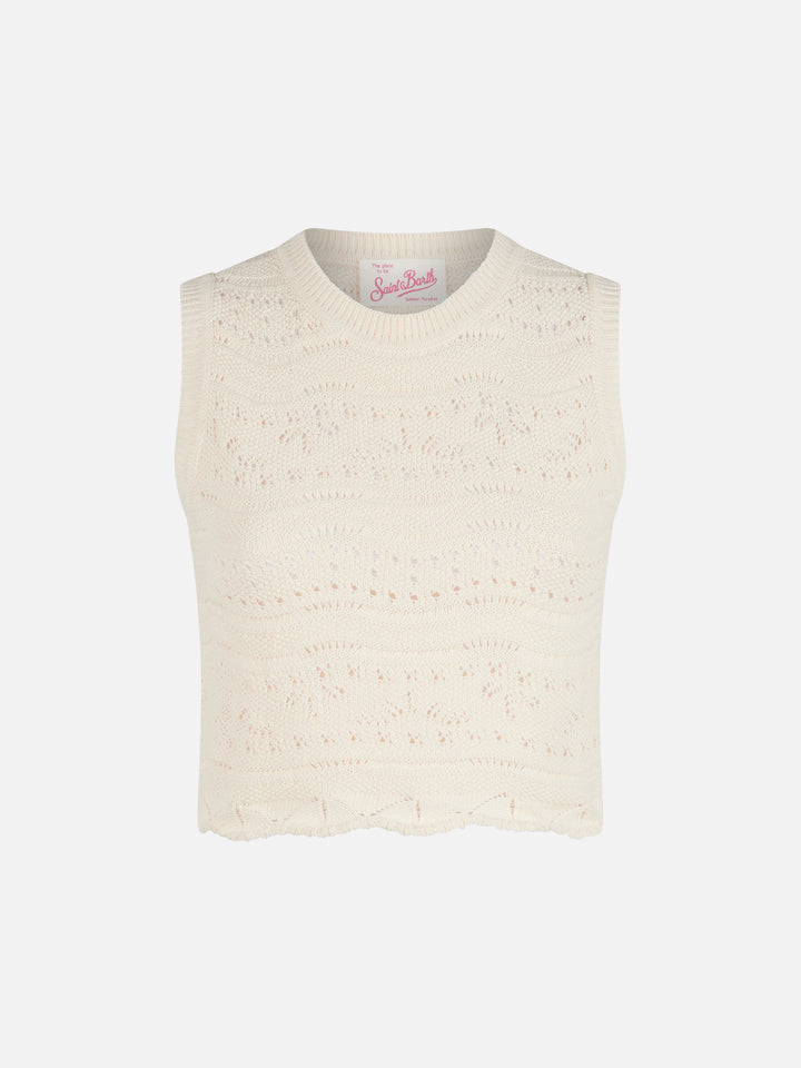 Top en maille de coton blanc pêche 