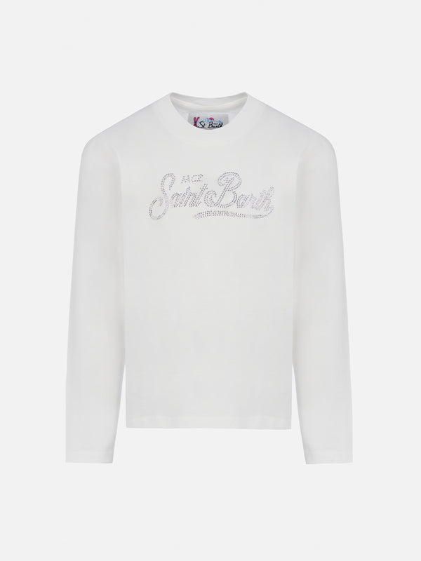 Girl white long-sleeve t-shirt Penny with Saint Barth rhinestones logo