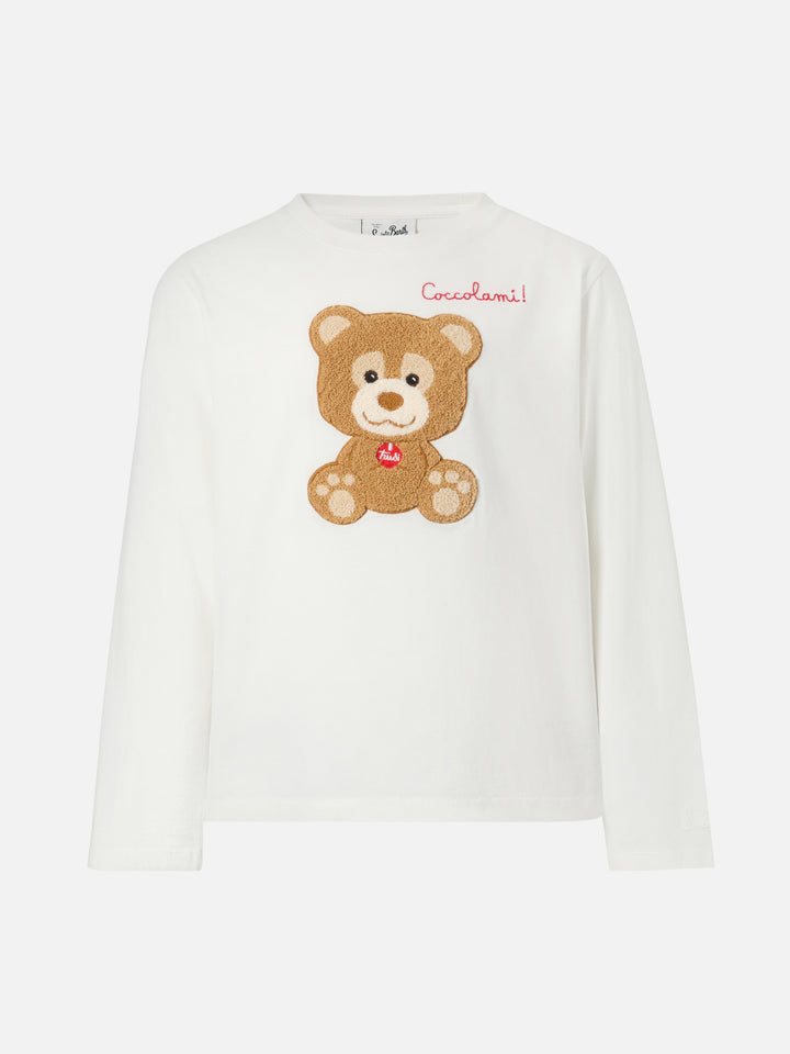Penny long-sleeve cotton T-shirt in white with Trudi bear terry appliqué | TRUDI SPECIAL EDITION