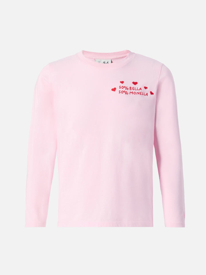 Penny long-sleeve cotton T-shirt in pink with Bella e Monella embroidery