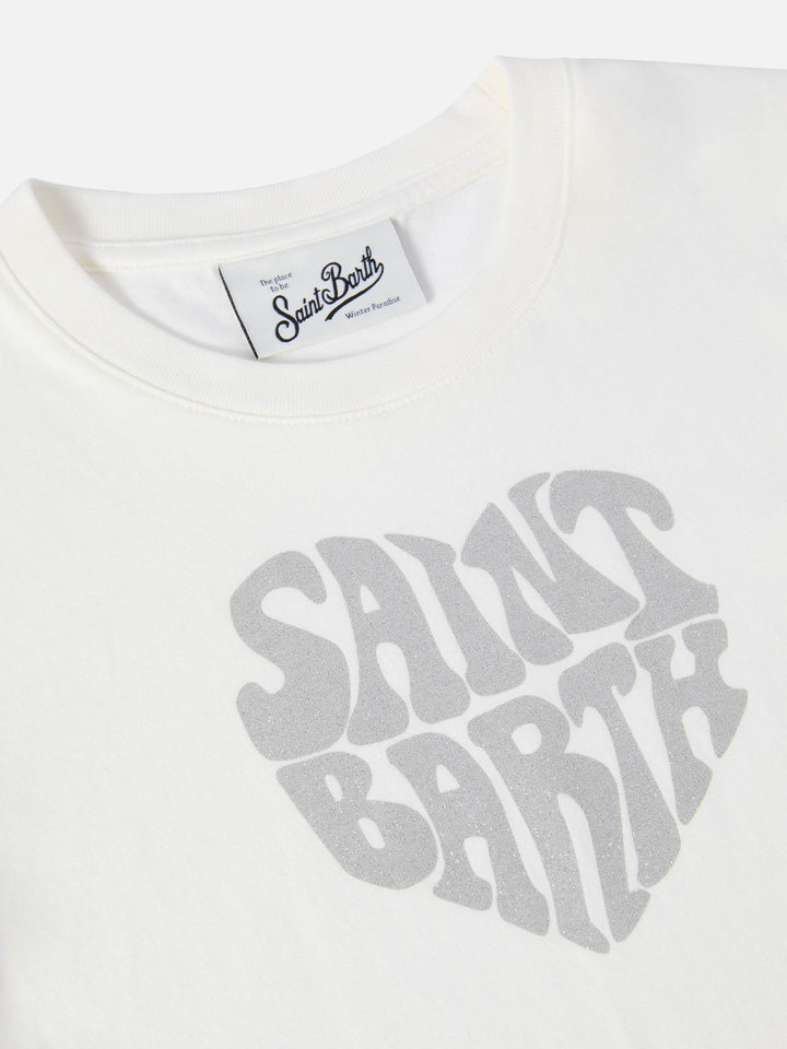 Penny long-sleeve cotton T-shirt in white with Saint Barth silver glitter print