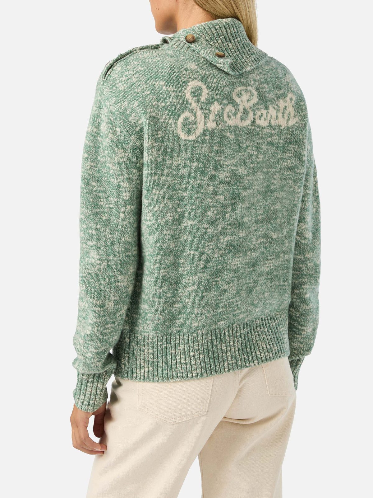 Maglia Philomene verde salvia a collo alto in lana con ricamo logo