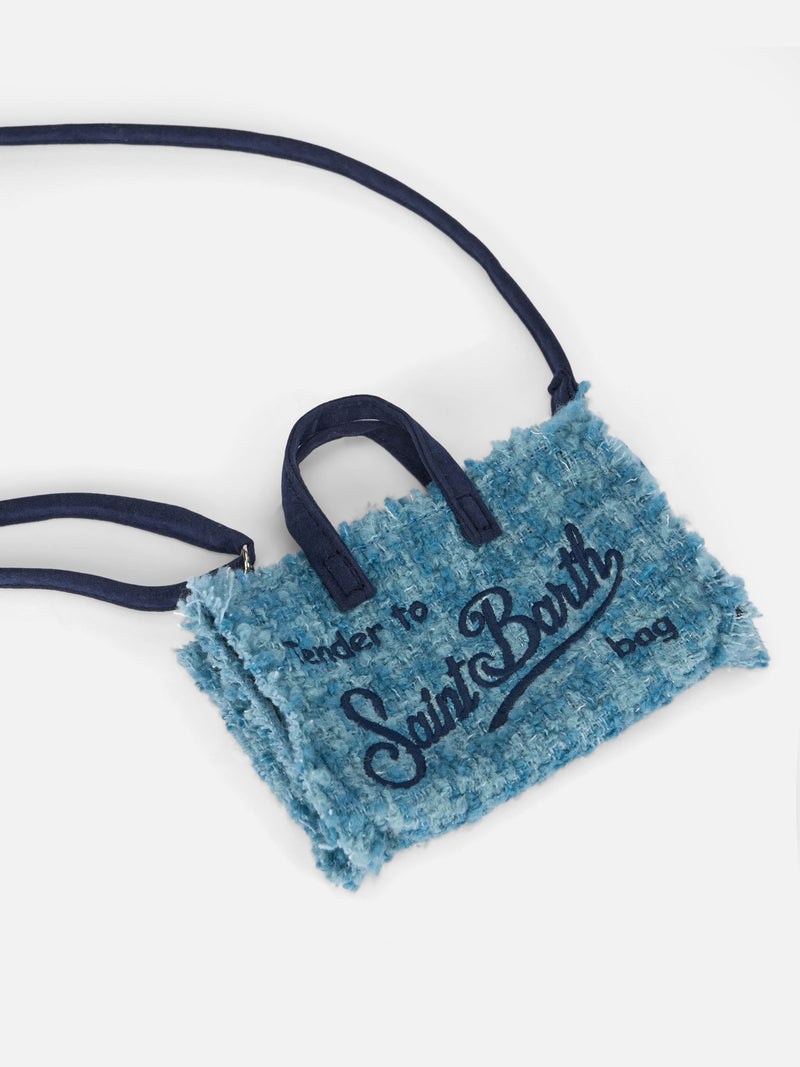 Hellblaue Telefontasche aus Tweed mit Saint Barth-Logostickerei