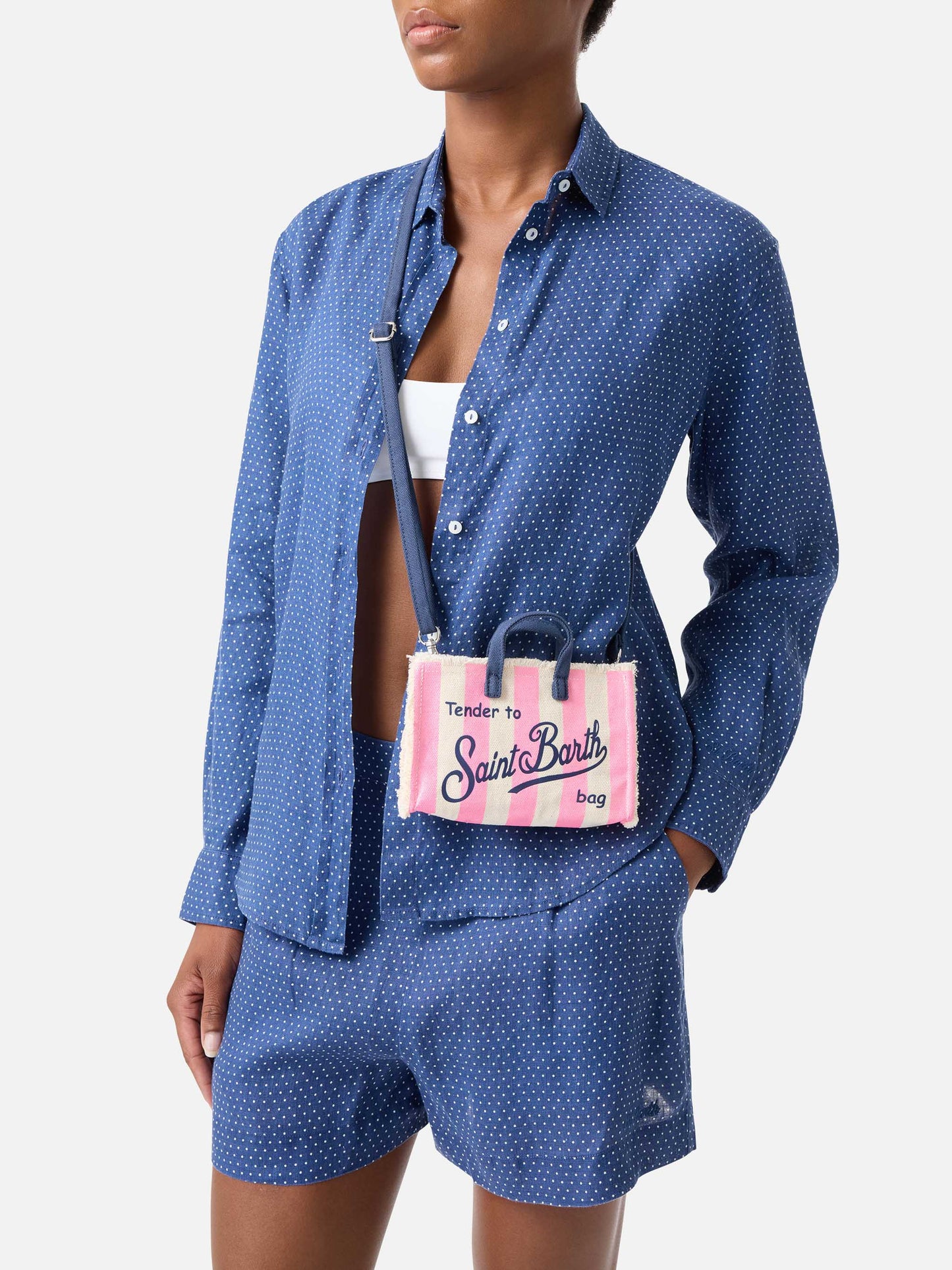 Borsa Phone micro in canvas a righe bianche e rosa con logo a contrasto