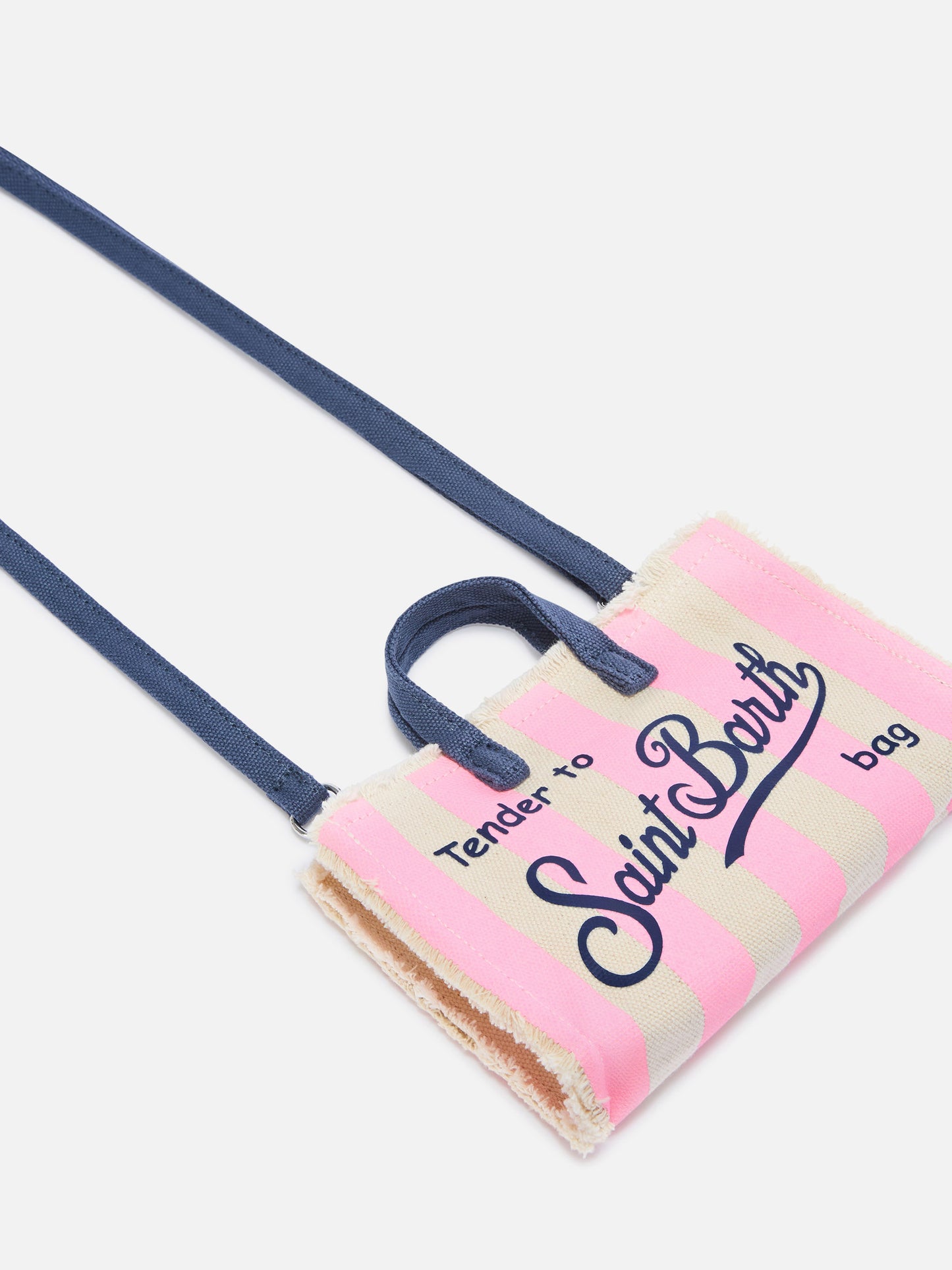 Borsa Phone micro in canvas a righe bianche e rosa con logo a contrasto