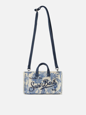 Borsa Phone micro in canvas con stampa toile de jouy azzurro e logo a contrasto
