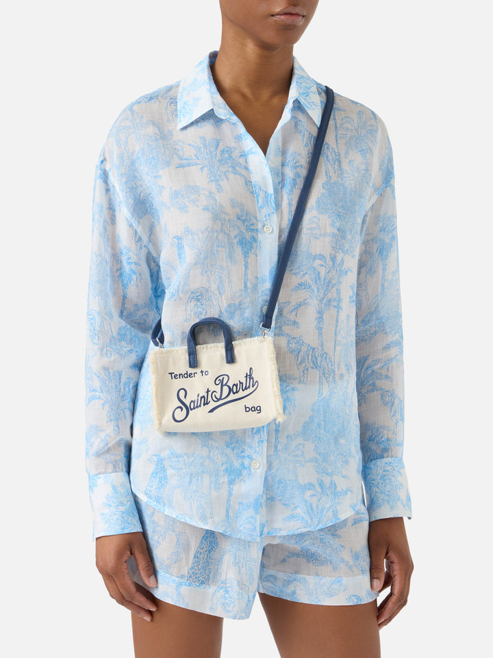 Bolso de lona micro Phone en blanco con detalles azules y logo en contraste 