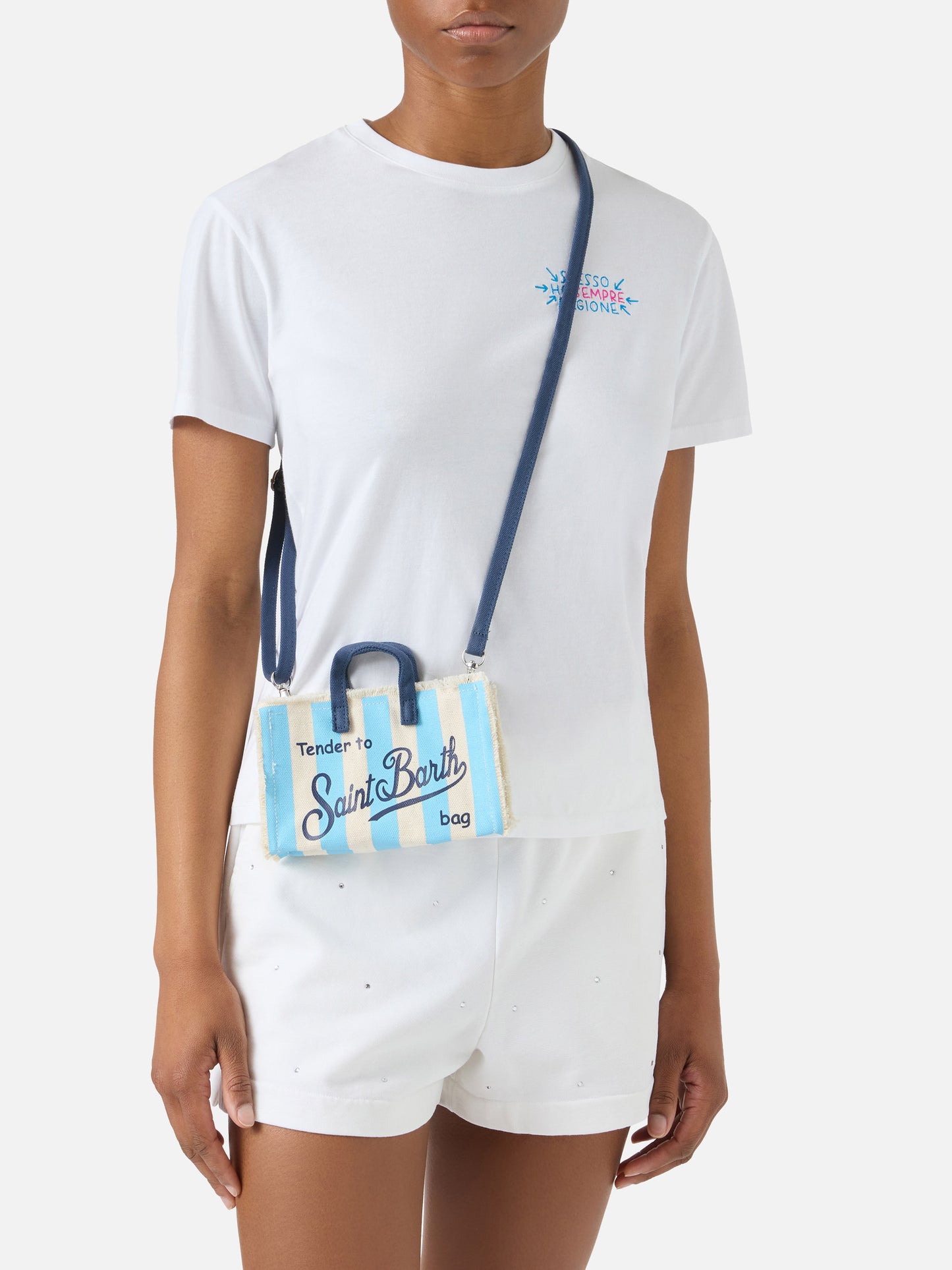 Sac en toile Micro Phone à rayures blanches et bleu clair avec logo contrasté 