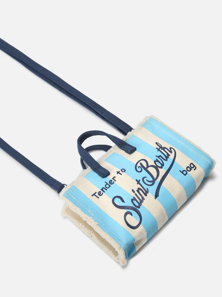 Micro Phone canvas bag with white and light blue stripes and contrasting logo