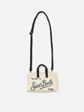 micro Phone canvas bag in white with blue details and contrasting logo