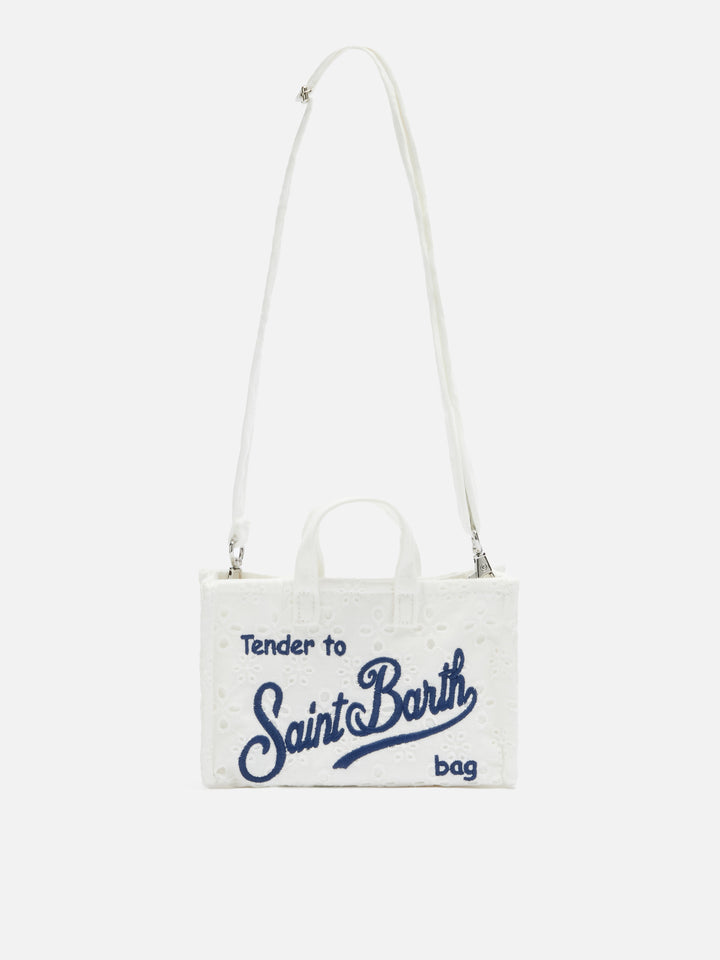 White phone micro bag in broderie anglaise with embroidered logo