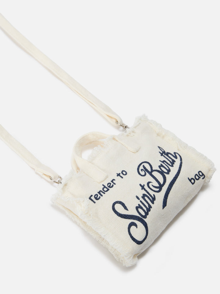 Borsa Phone micro in lino bianco tinta unita con logo a contrasto