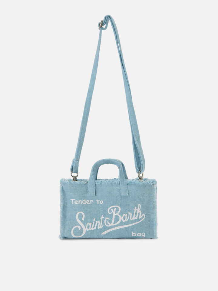 Borsa Phone micro in lino azzurro tinta unita con logo a contrasto