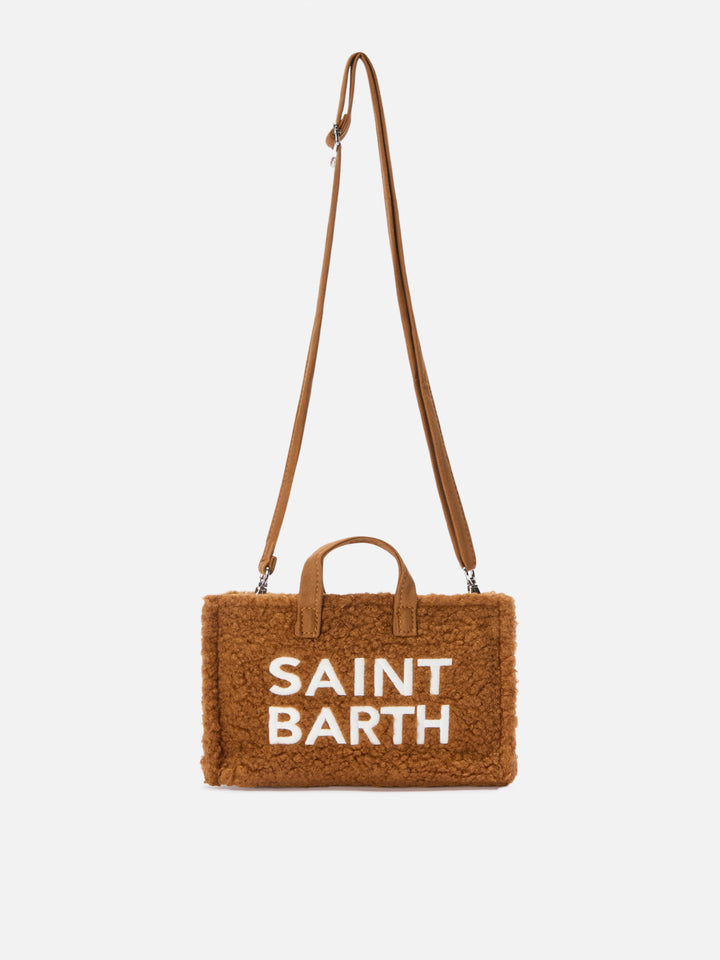 Brown Phone Bag in teddy fabric with logo embroidery