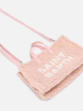 Bolso para teléfono rosa en tejido teddy con bordado del logo 