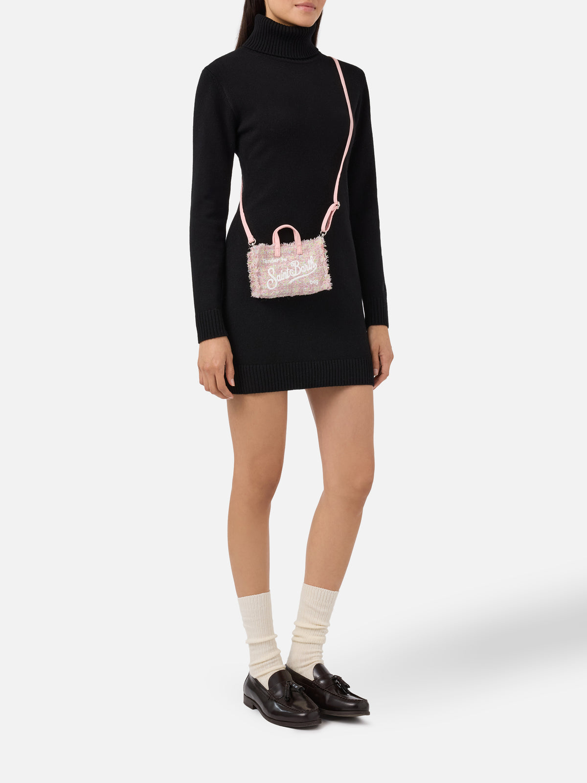 Sac pour téléphone rose en tweed avec logo brodé 
