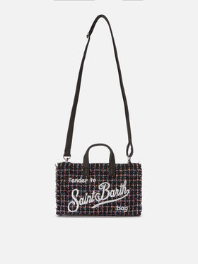 Phone Bag nera in tweed con ricamo logo