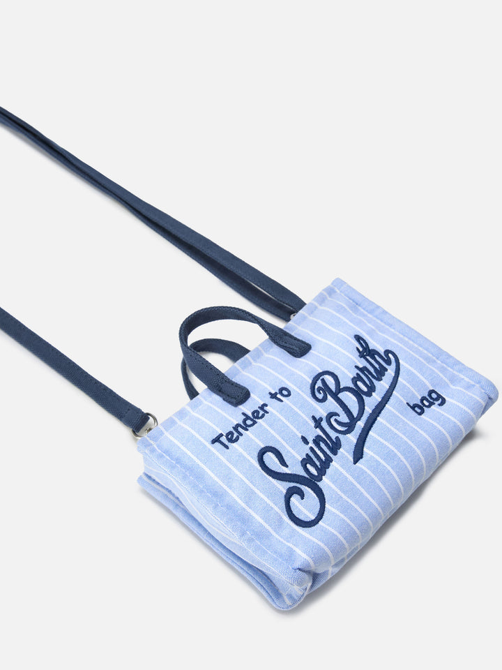Micro Phone canvas bag with white and light blue stripes and contrasting logo
