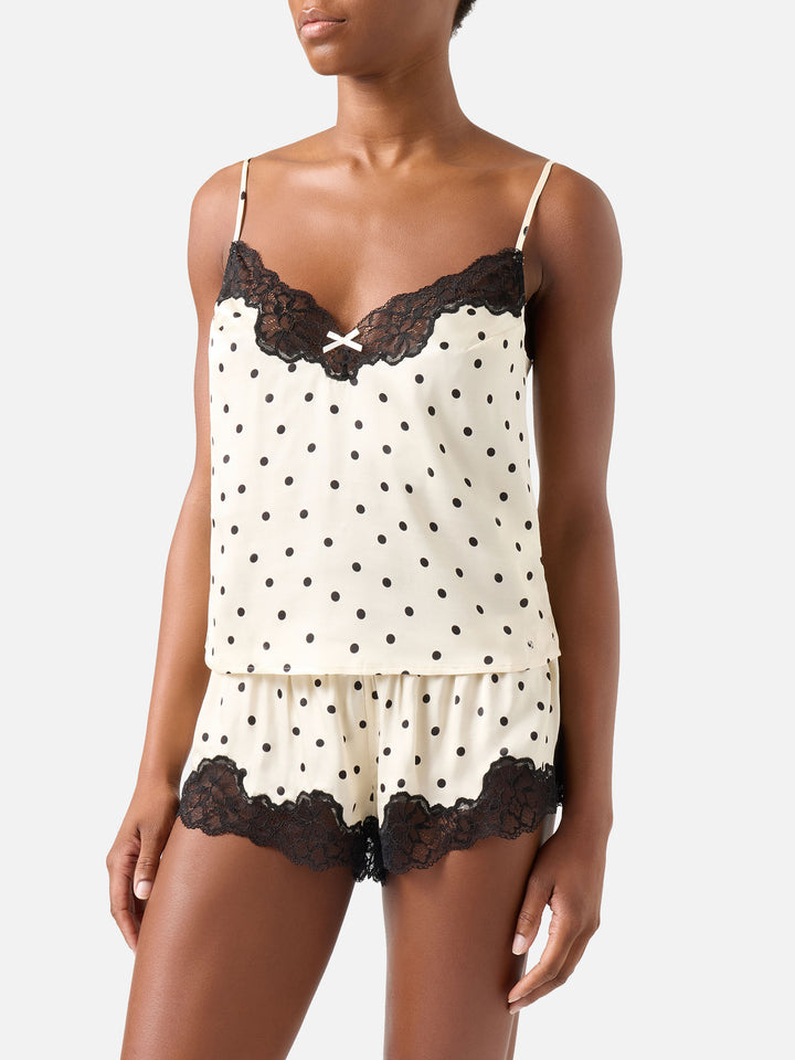 Off-white Set aus Pilar-Oberteil und Shorts mit Polka Dots und Spitze 