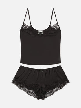 Schwarzes Pilar Oberteil- und Shorts-Set mit Spitze 