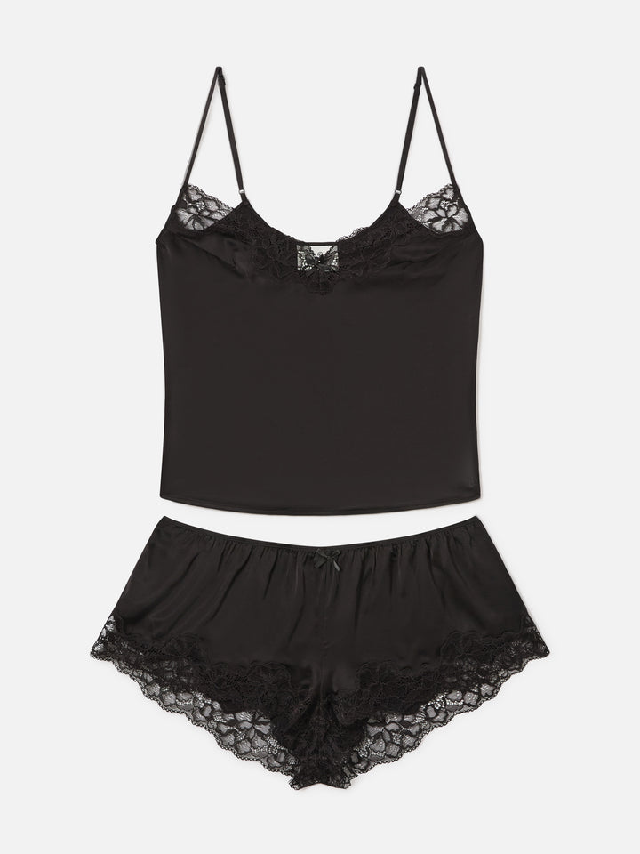 Schwarzes Pilar Oberteil- und Shorts-Set mit Spitze 