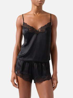 Schwarzes Pilar Oberteil- und Shorts-Set mit Spitze 