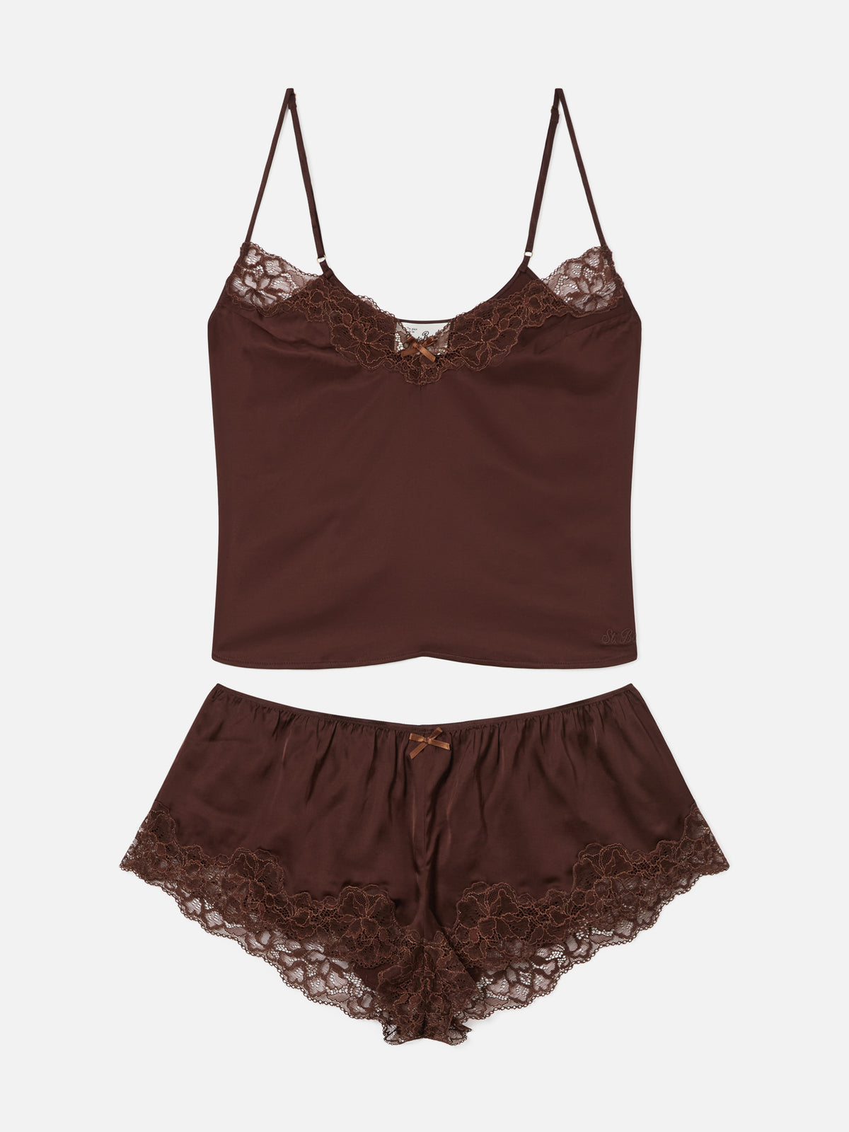 Dunkelbraunes Pilar Oberteil- und Shorts-Set mit Spitze 