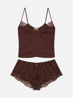 Dunkelbraunes Pilar Oberteil- und Shorts-Set mit Spitze 