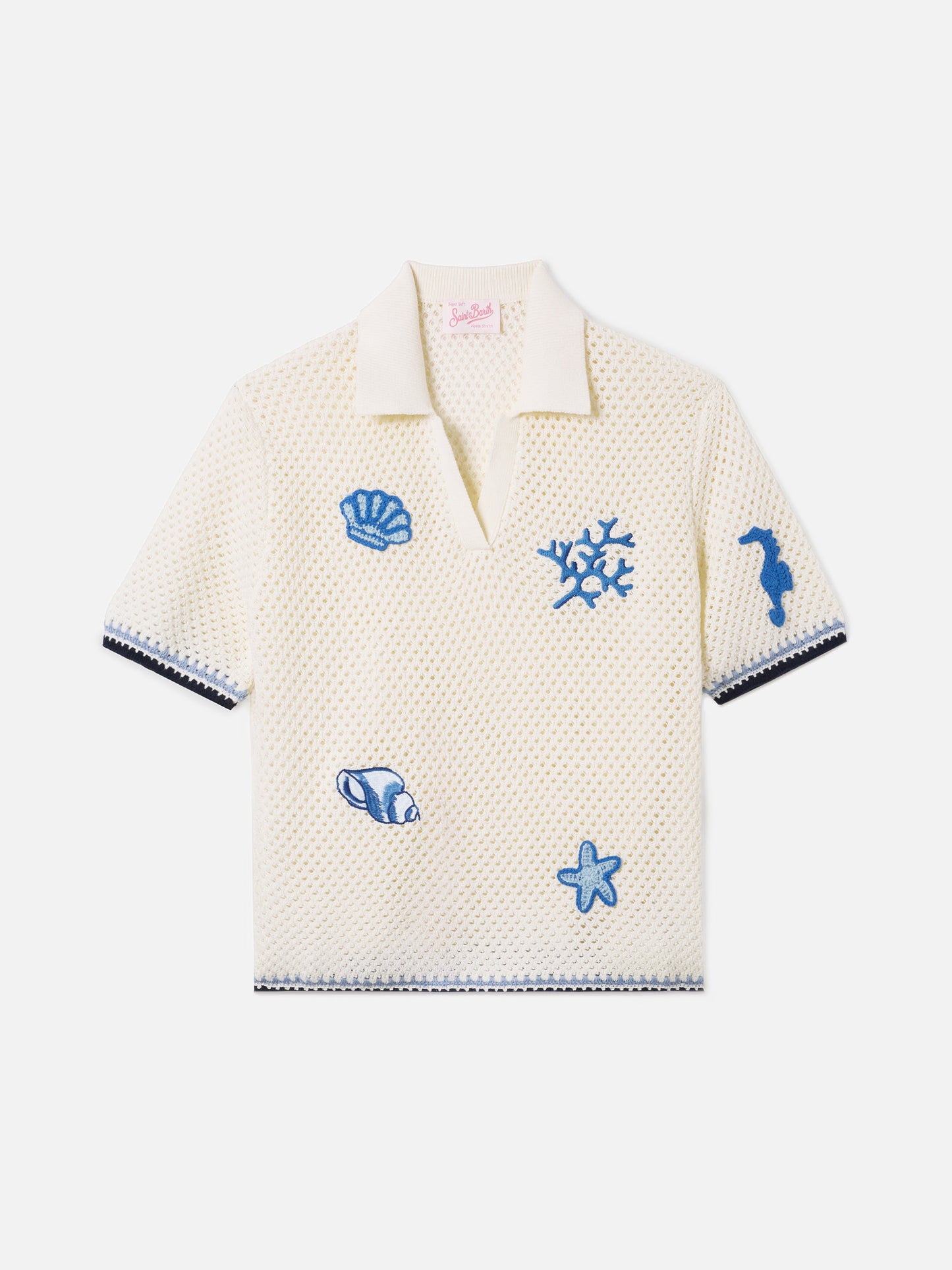 Pixie openwork knit polo with marine patches