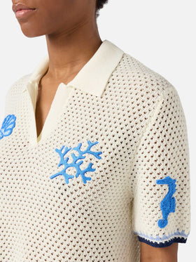 Pixie openwork knit polo with marine patches