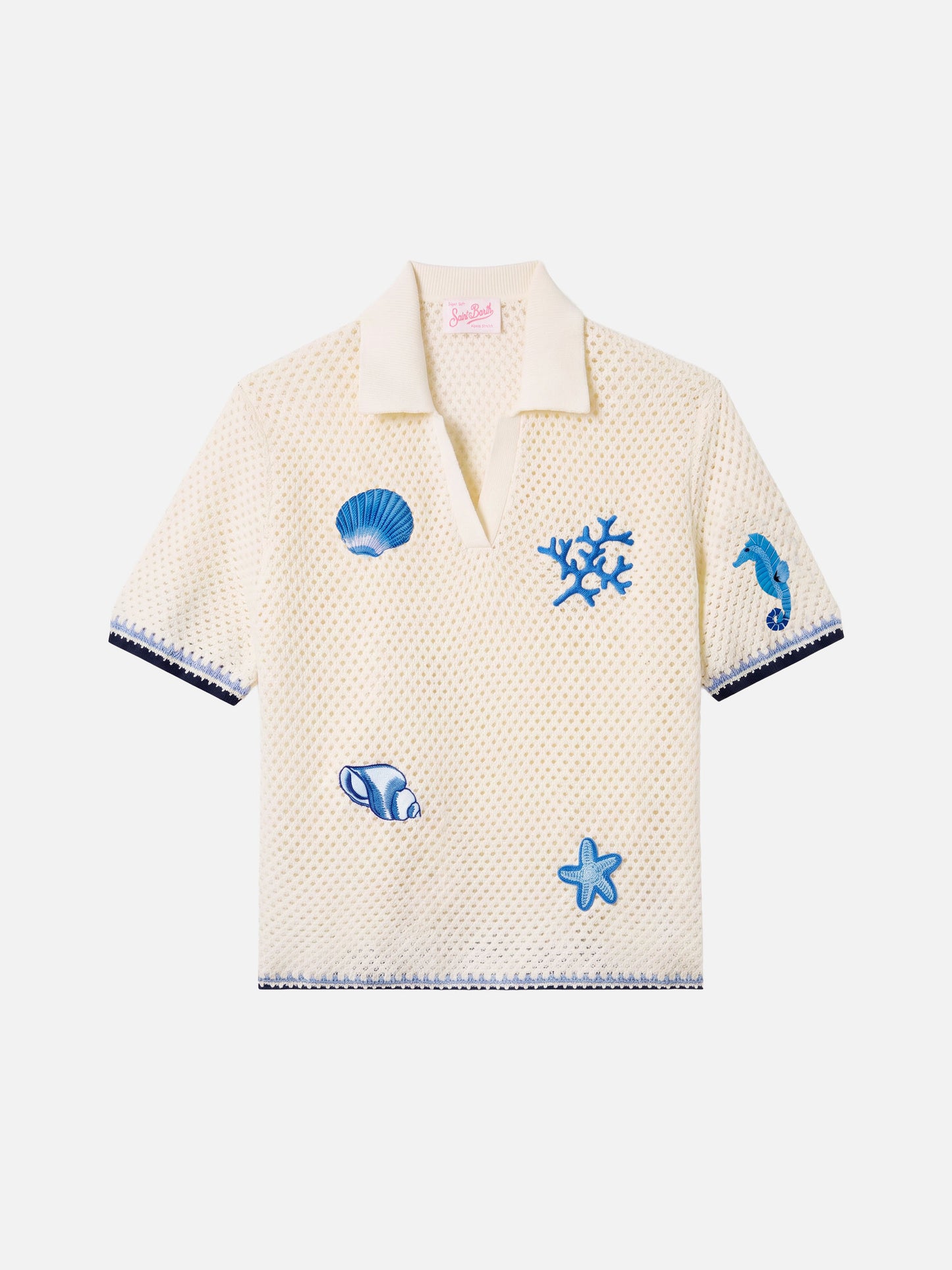 Pixie openwork knit polo with marine patches