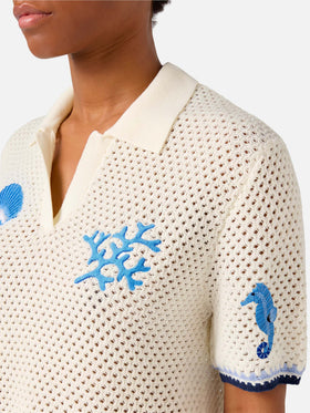 Pixie openwork knit polo with marine patches
