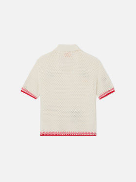 Pixie Jr Polo in white cotton blend with embroidered patches