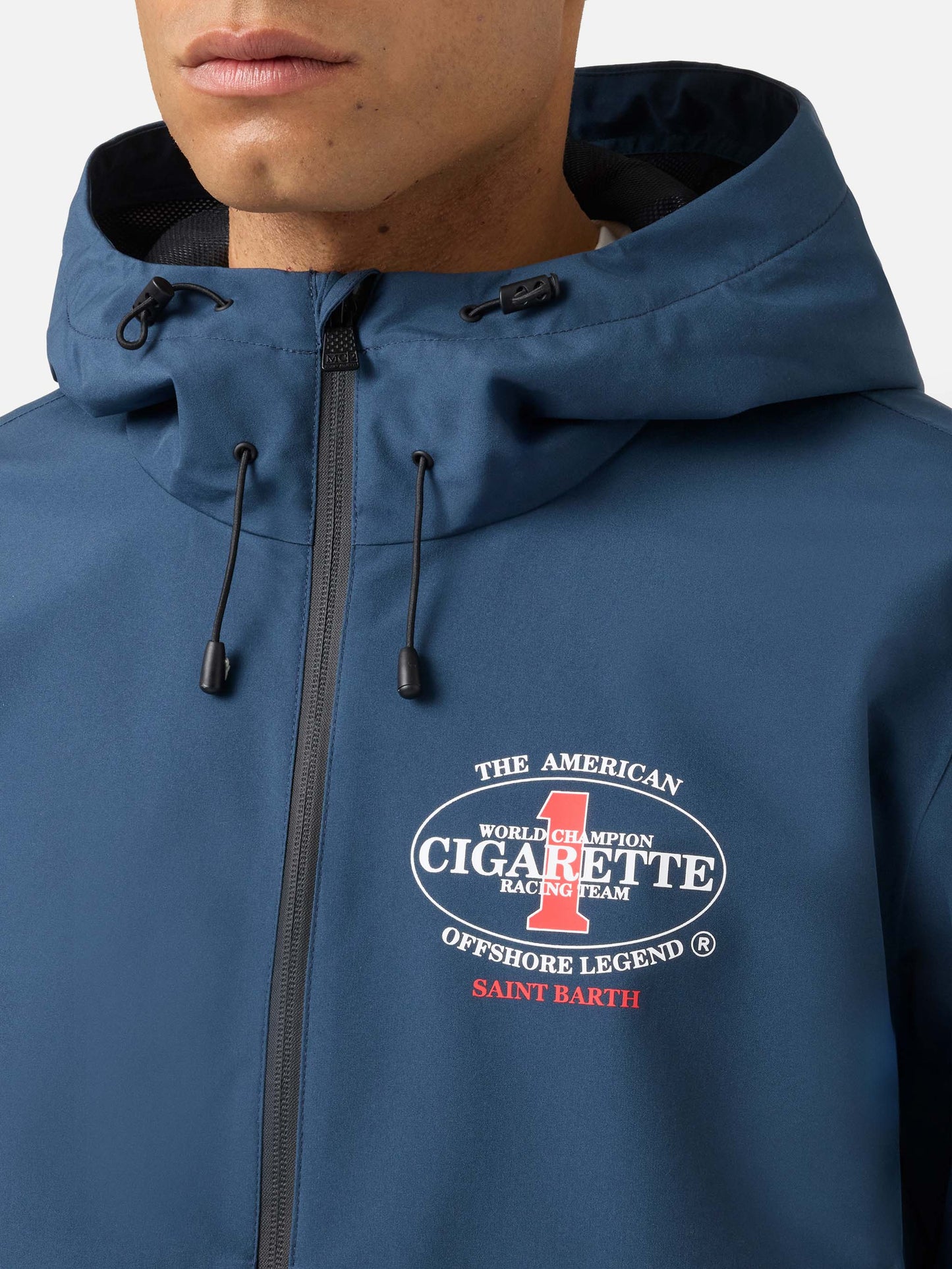 Giacca Pilot blu navy in tessuto tecnico con stampa Cigarette | Special Edition