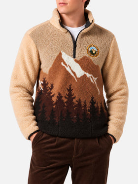 Giacca Polar beige in sherpa con motivo montagne sfumate