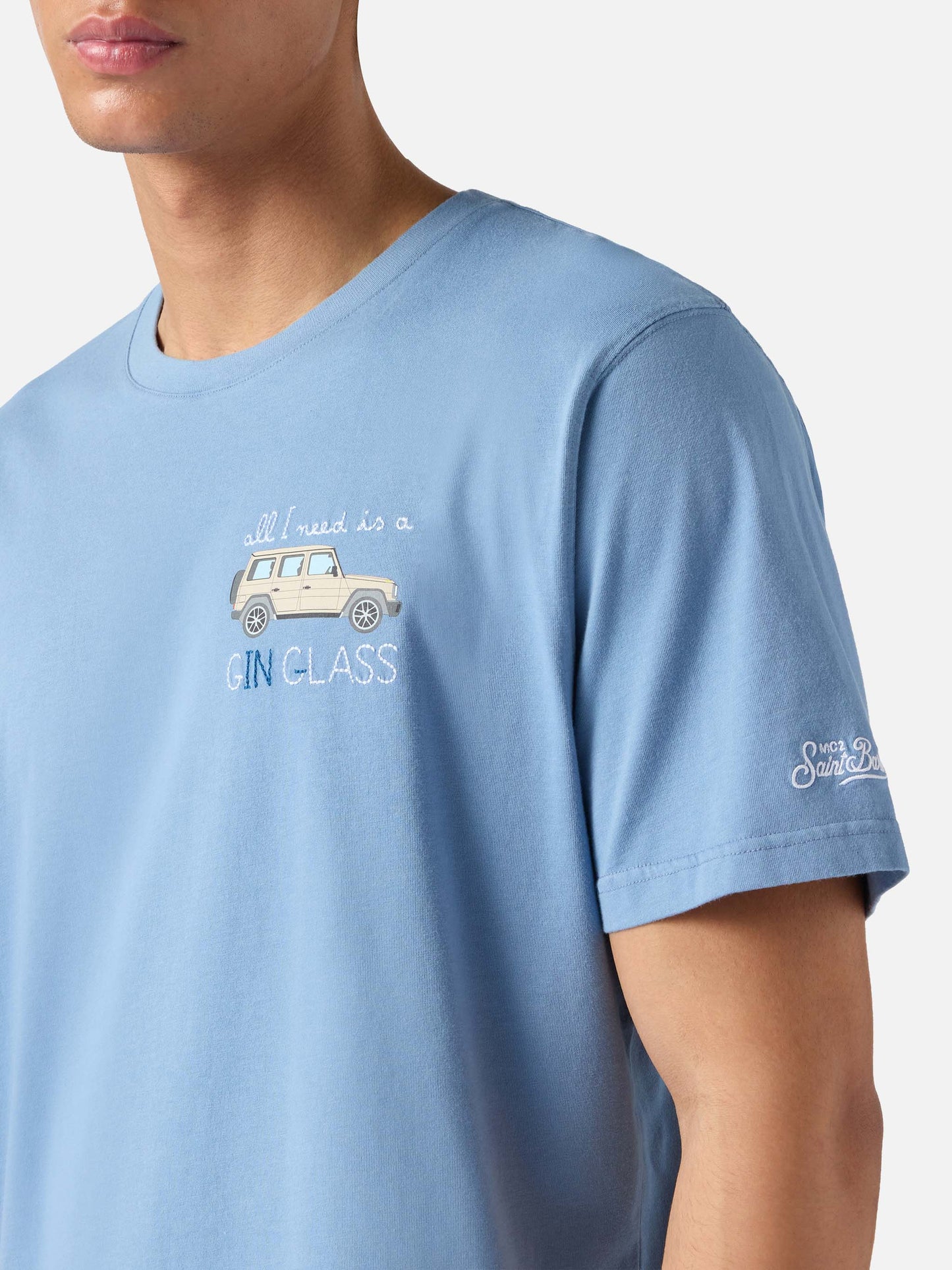 Dusty light blue Portofino T-shirt with All I Need Is A G-in Class embroidery