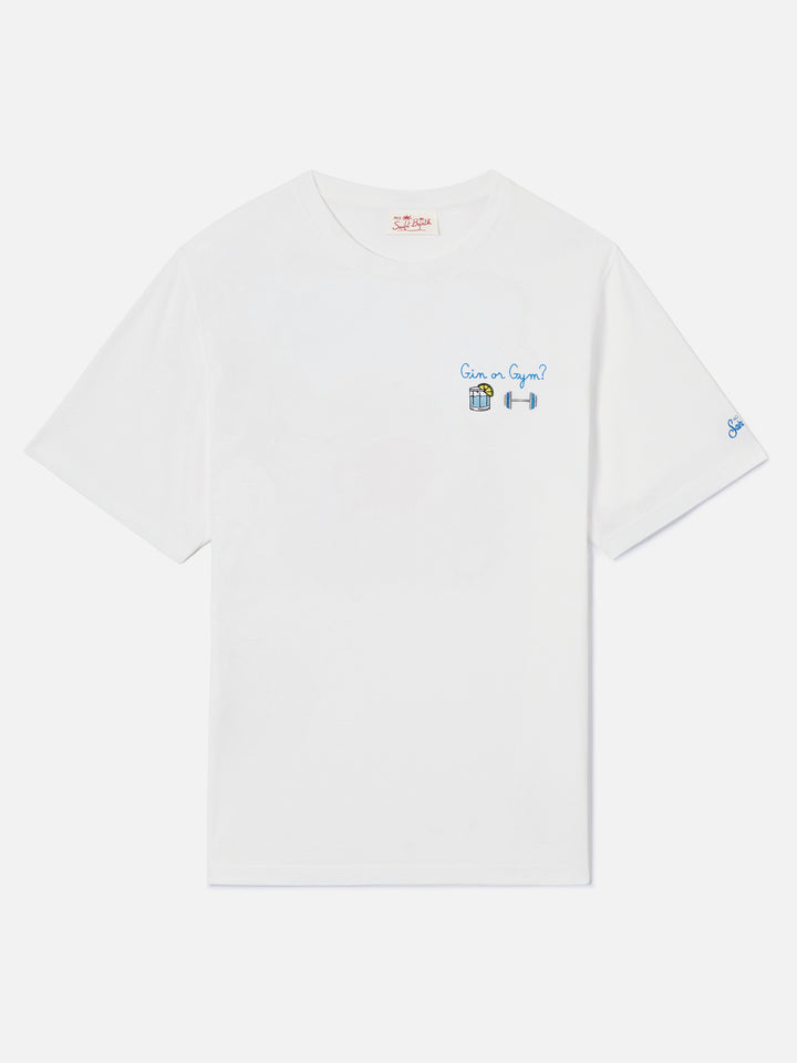 White Portofino T-shirt with Gin Or Gym? embroidery